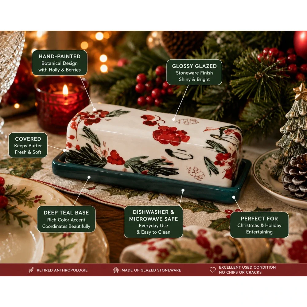 Anthropologie Christmas Holly & Pear Butter Dish Retired Holiday Stoneware